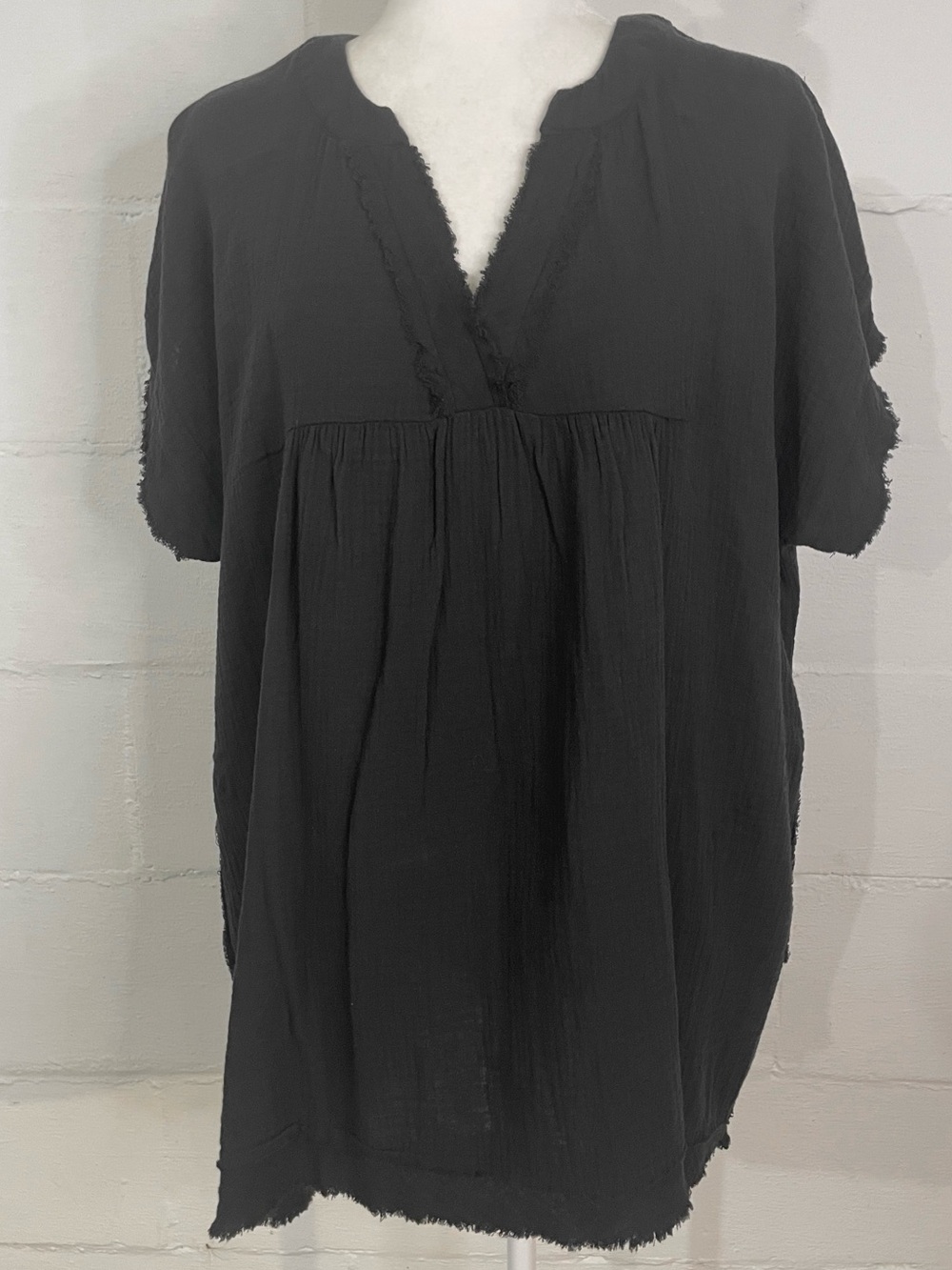 Relaxed Black Short-Sleeve Tunic with Frayed Trim